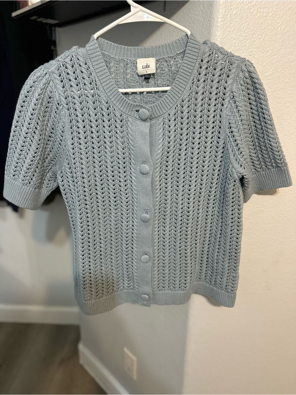 Cabi Pale Blue Openwork Knit Button-Front Top